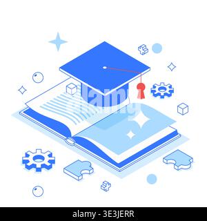 Vector isometric 3d illustration of open book with graduation cap, gears and puzzles. Concept of education, knowledge and learning. Modern design for Stock Vector