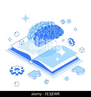 Vector isometric 3d illustration of open book, human brain, gears and puzzles. Concept of knowledge, education, learning, intelligence and creativity. Stock Vector