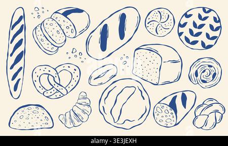 Hand drawn blue line art shows variety of breads and pastries. Baguettes, croissants, rolls, pretzels, and sliced loaves illustrated in simple style. Stock Vector
