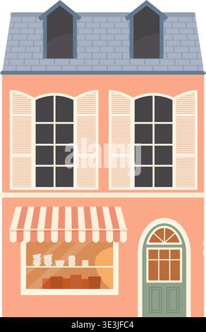 Mediterranean coastal flat building. Isolated municipal building, cafe, coffee shop, Italian pizza restaurant, ice cream shop, bakery on transparent b Stock Vector
