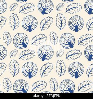 Blue line art pattern featuring oak leaves and stylized tree trunks on cream background. Pattern repeats seamlessly for design versatility. Ideal for Stock Vector