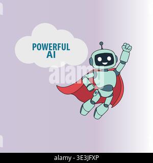 Powerful AI Superhero Robot Mascot With Red Cape Flying Beside Cloud Text Illustration For Technology Branding Stock Vector