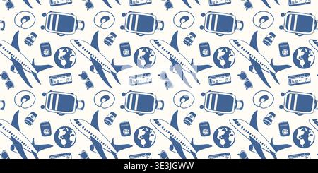 Seamless travel pattern with airplane, passport, globe, boarding pass, luggage and hat in hand drawn style. Ideal for tourism background, wallpaper Stock Vector