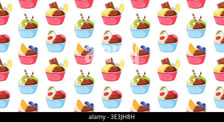 Seamless pattern with ice cream cup and fruit topping in cartoon style. Repeating dessert background for cafe wallpaper, wrapping paper, menu and Stock Vector