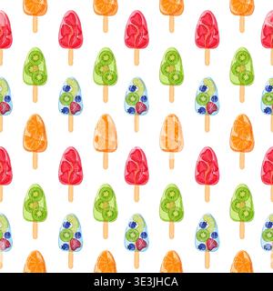 Seamless pattern with colorful fruit ice pop in cartoon style. Repeating summer dessert background for textile, wrapping paper, package and grocery Stock Vector