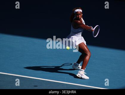 American tennis player Coco Gauff playing a backhand shot at the Australian Open 2026, Melbourne Park, Melbourne, Victoria, Australia. Stock Photo