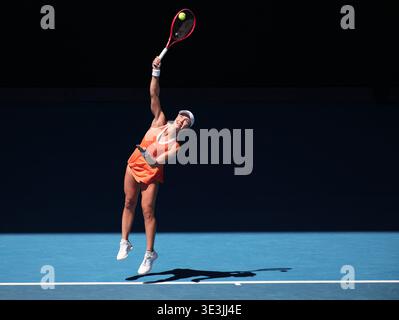 American tennis player Iva Jovic  playing a service shot  at the  Australian Open 2026, Melbourne Park, Melbourne, Victoria, Australia. Stock Photo