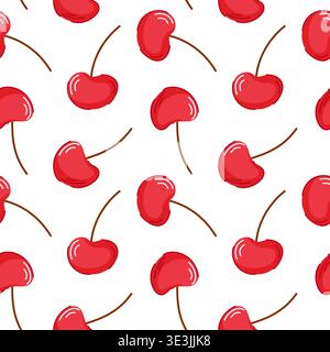Seamless pattern with red cherry in flat style. Repeating fruit background for textile, wallpaper, package and summer design. Stock Vector