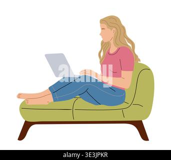 Wwoman sitting on a couch and working on a laptop Stock Vector