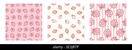Seamless strawberry pattern set with cute berries and flowers. Sweet summer print perfect for fabric, wallpaper, or textile design with charming strawberry motifs. Stock Vector