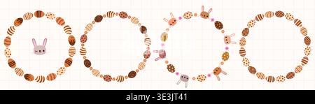 Cute chocolate eggs vector borders with bunny faces and flowers, round spring frames for package design Stock Vector