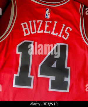 03 23 2026 - Kaunas, Lithuania. Close up photo of Chicago Bulls basketball jersey worn by Matas Buzelis, detailed sports apparel  Stock Photo