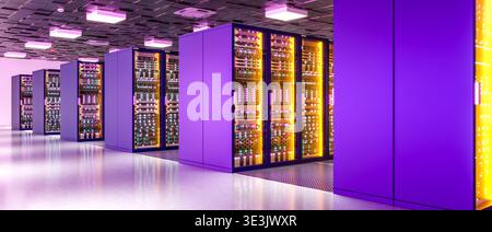 Data center racks with glowing lights 3d Stock Photo