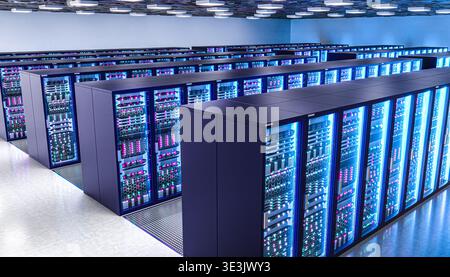 Server racks with blinking lights 3d data center room Stock Photo