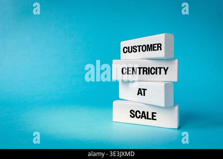 Customer Centricity at Scale. Written on white blocks. Business strategy. Customer needs at the center of the company's actions. Personalization of ex Stock Photo