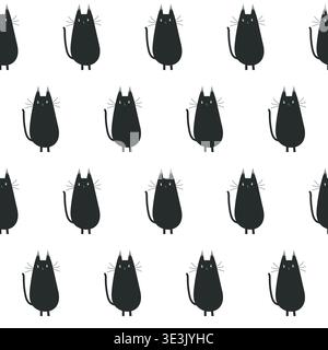 Seamless minimalist vector pattern of funny black cats on white background Stock Vector