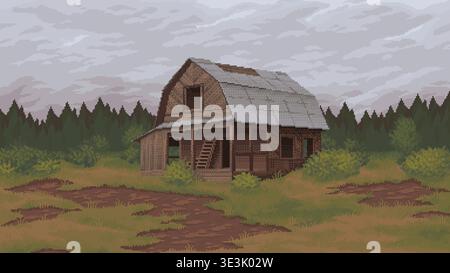 Abandoned wooden house in rural pixel landscape Stock Vector