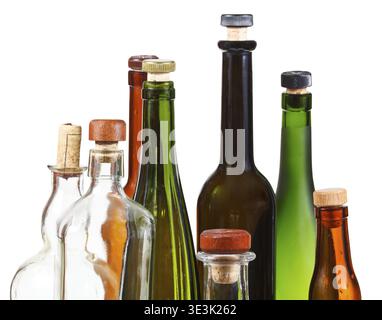 Lots of empty closed wine bottles against white background Stock Photo