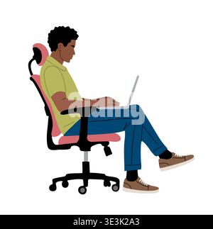 Black man sitting in office chair with laptop Stock Vector