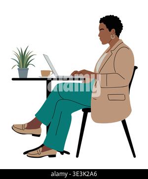 Woman working remotely at a small desk with laptop Stock Vector