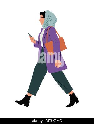 Woman in hijab walking and looking at smartphone Stock Vector