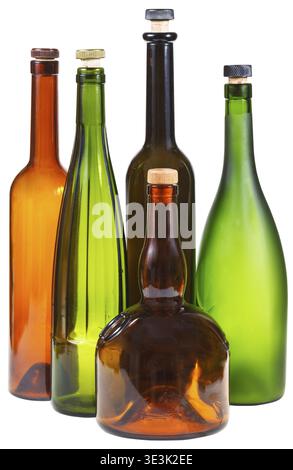 Side view of some empty closed wine bottles against white background Stock Photo