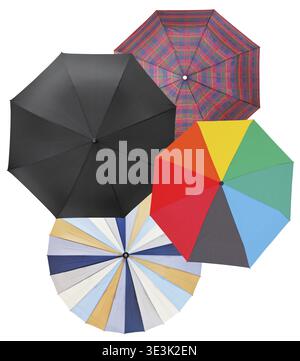 Four different open umbrellas against a white background Stock Photo