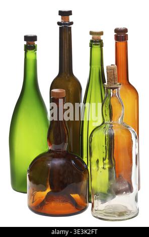 Side view of several empty closed wine bottles against white background Stock Photo