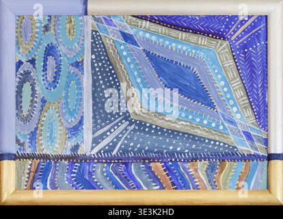 Abstract hand painted blue geometric pattern with acrylics in painted wooden frame Stock Photo
