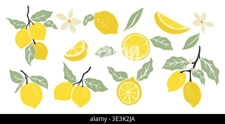 Set of bright yellow lemons with green leaves Stock Vector