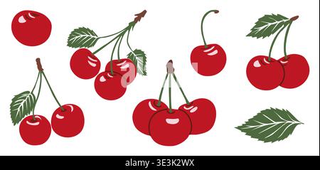 Set of glossy red cherries with green leaves Stock Vector
