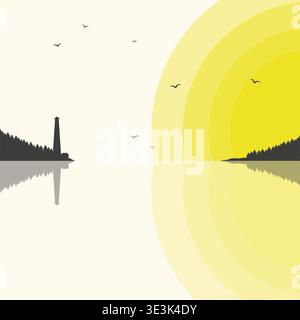 Sunset or sunrise on the beach. Silhouette of lighthouse and tree near the sea. Romantic vector illustration Stock Vector