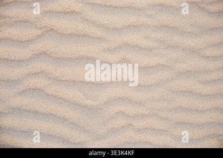 Close-up of rippled sand patterns on a beach, with a soft focus background. beach texture, sand pattern, natural landscape. Stock Photo