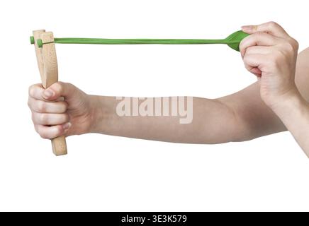Handheld slingshot elastic band against white background Stock Photo