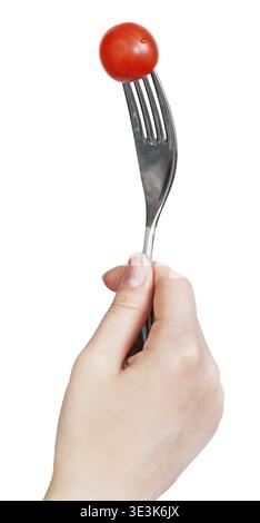 Dining fork holding a skewered fresh red cherry tomato, against white background Stock Photo