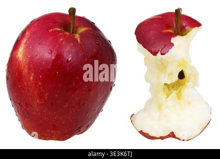 Bitten core and whole red delicious apple against white background Stock Photo