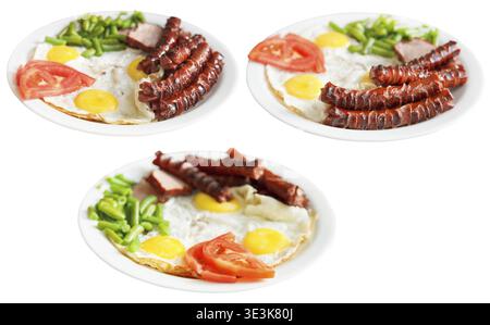 Three plates with fried eggs, sausages, tomatoes, beans on a white background Stock Photo