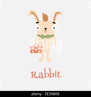 Cute illustration of a rabbit with a suitcase and a bow tie for cards for kids. Vector illustration Stock Vector