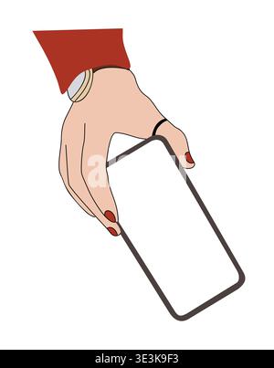 Hand holding a smartphone with red nails Stock Vector