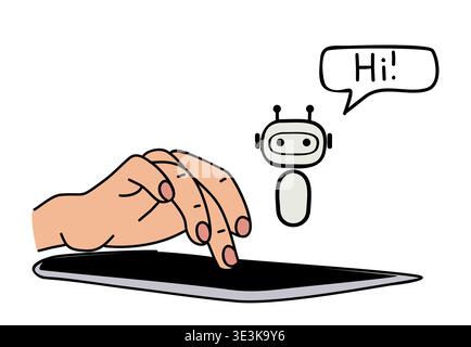 Hand touching a tablet while a friendly AI chatbot Stock Vector