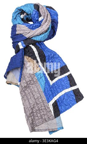 Silk scarf with blue geometric pattern in patchwork style against white background Stock Photo
