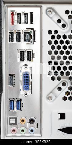 Close up ports on the back of the computer motherboard. The back of the ...