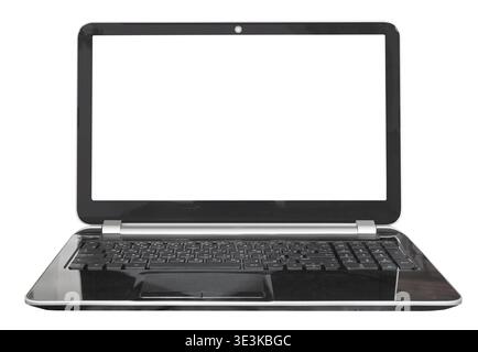 Front view of black laptop with cut-out screen against white background Stock Photo