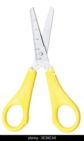 Open school scissors with yellow handles on white background Stock Photo