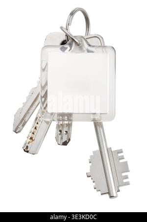 Square keychain and keychain on ring and against white background Stock Photo