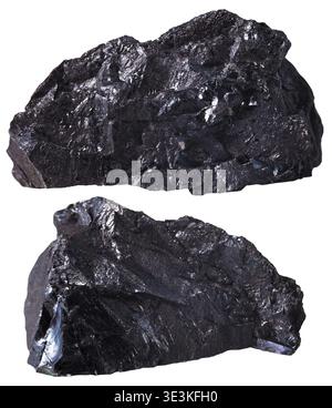 Macro photograph of natural rock two pieces of black anthracite (coal) mineral stone against a white background Stock Photo