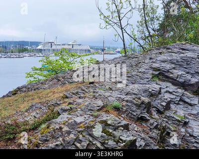 A scenic view from a moss-covered rocky hillside overlooking a harbor. The foreground features layered gray rock formations with patches of green Stock Photo