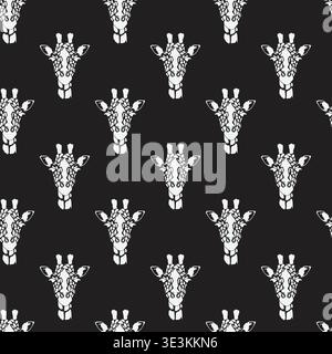 White Giraffe Heads Seamless Pattern On Black Background For Design Stock Vector