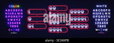 Neon skull rating bubbles with glowing red outline. Bold feedback icons with different levels create dark gaming style interface Stock Vector