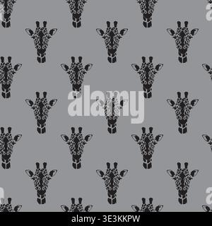 Black Giraffe Heads Seamless Pattern On Gray Background For Design Stock Vector
